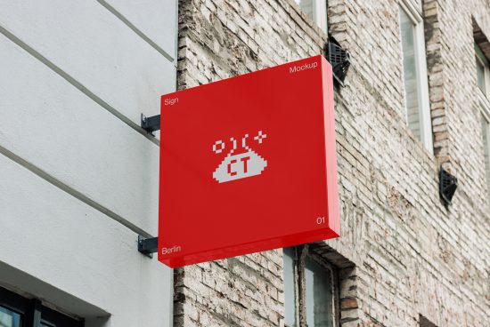 Red storefront sign mockup with pixel-style logo, attached to a white modern building facade, signifying urban branding.